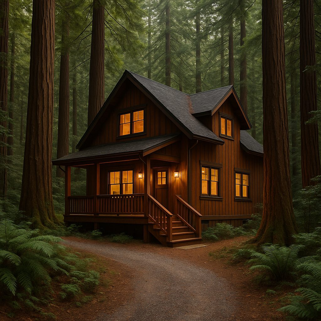 Mountain home surrounded by redwood trees in the Santa Cruz Mountains