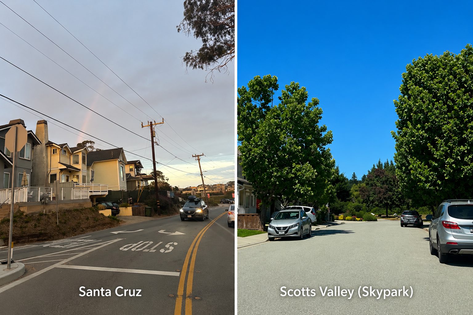 Side by side comparison of a residential street in Santa Cruz and a tree lined neighborhood in Scotts Valley, California.